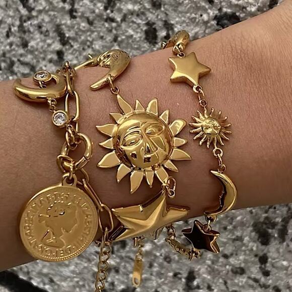 Gold Moon Star Sun Two Piece Chain Bracelet Set - Picture 1 of 10